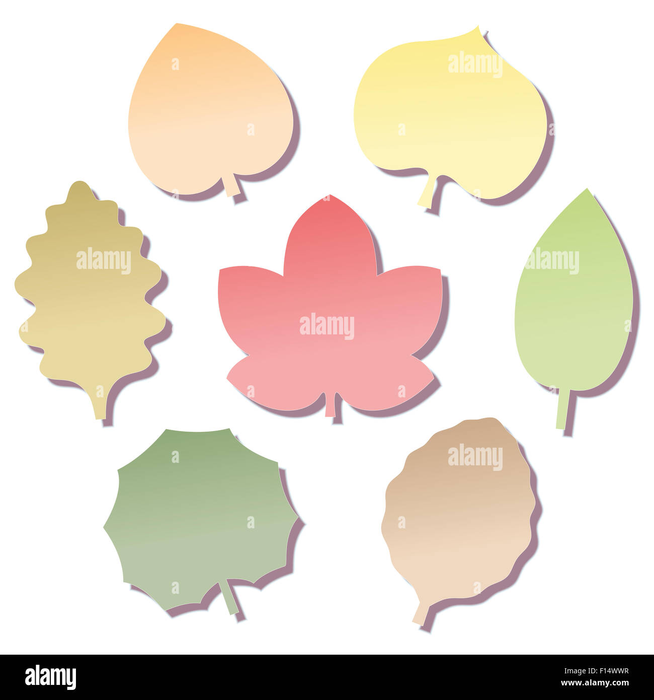 Geformte Notizblöcke in sieben verschiedenen Farben des Herbstes zu verlassen. Abbildung auf weißem Hintergrund. Stockfoto