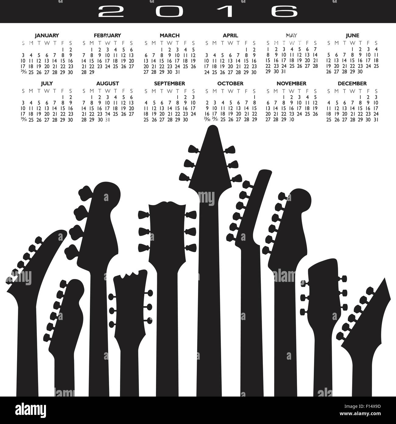 Kalender 2016 kreative Gitarre für Print oder Web Stock Vektor