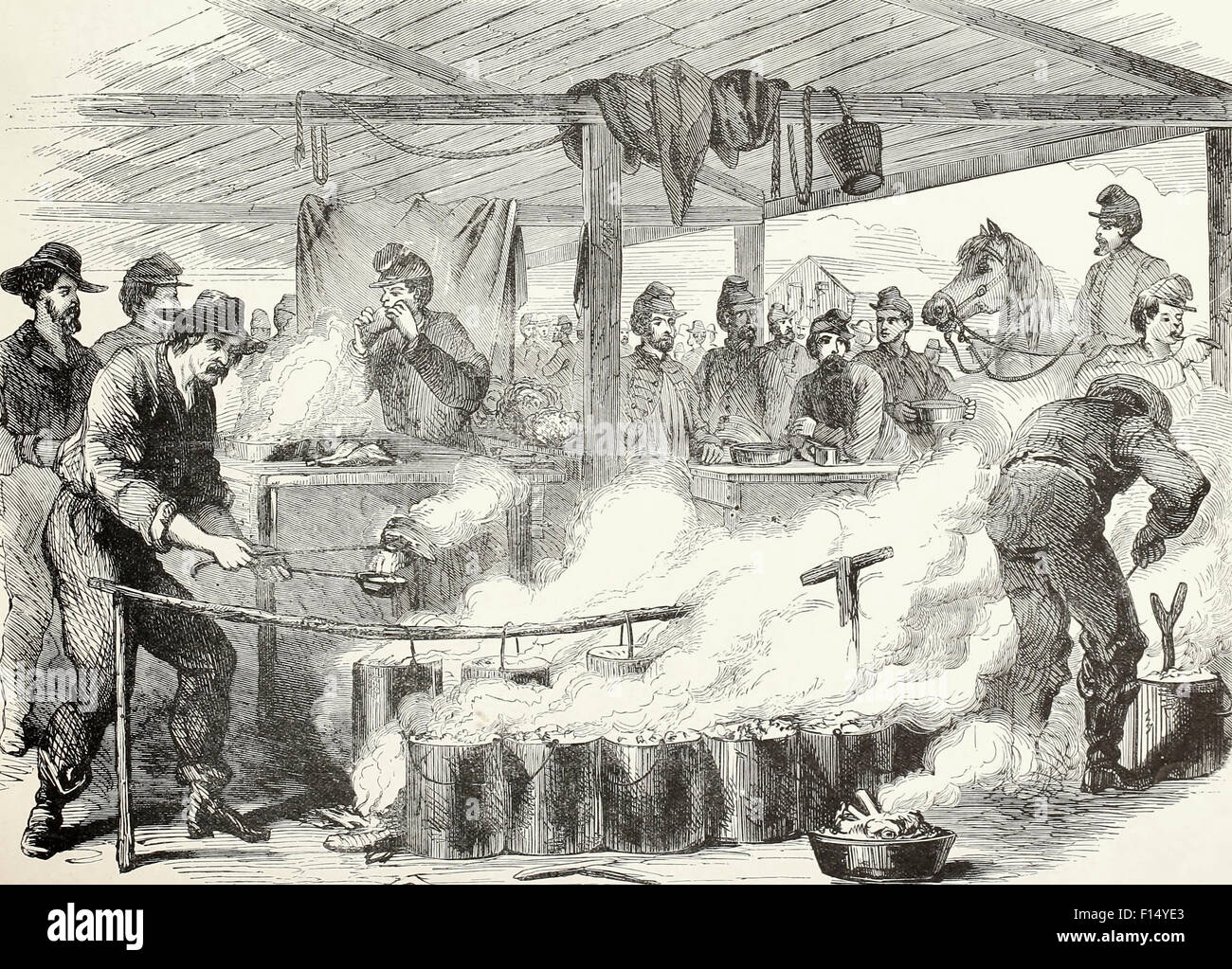 Kochen im Lager - die Küche der Fremont Dragoner bei Tipton, Missouri USA Bürgerkrieg Stockfoto