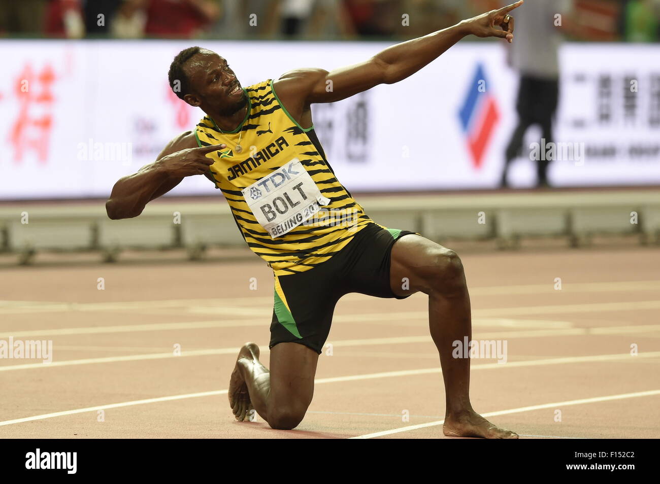 Peking, China. 27. August 2015. Usain Bolt aus Jamaika feiert nach dem Sieg der Herren 200m Finale bei den Weltmeisterschaften 2015 in das "Vogelnest" Nationalstadion in Peking, Hauptstadt von China, 27. August 2015. Bolzen beansprucht den Titel der Veranstaltung mit einer Zeit von 19,55 Sekunden. Bildnachweis: Gong Lei/Xinhua/Alamy Live-Nachrichten Stockfoto