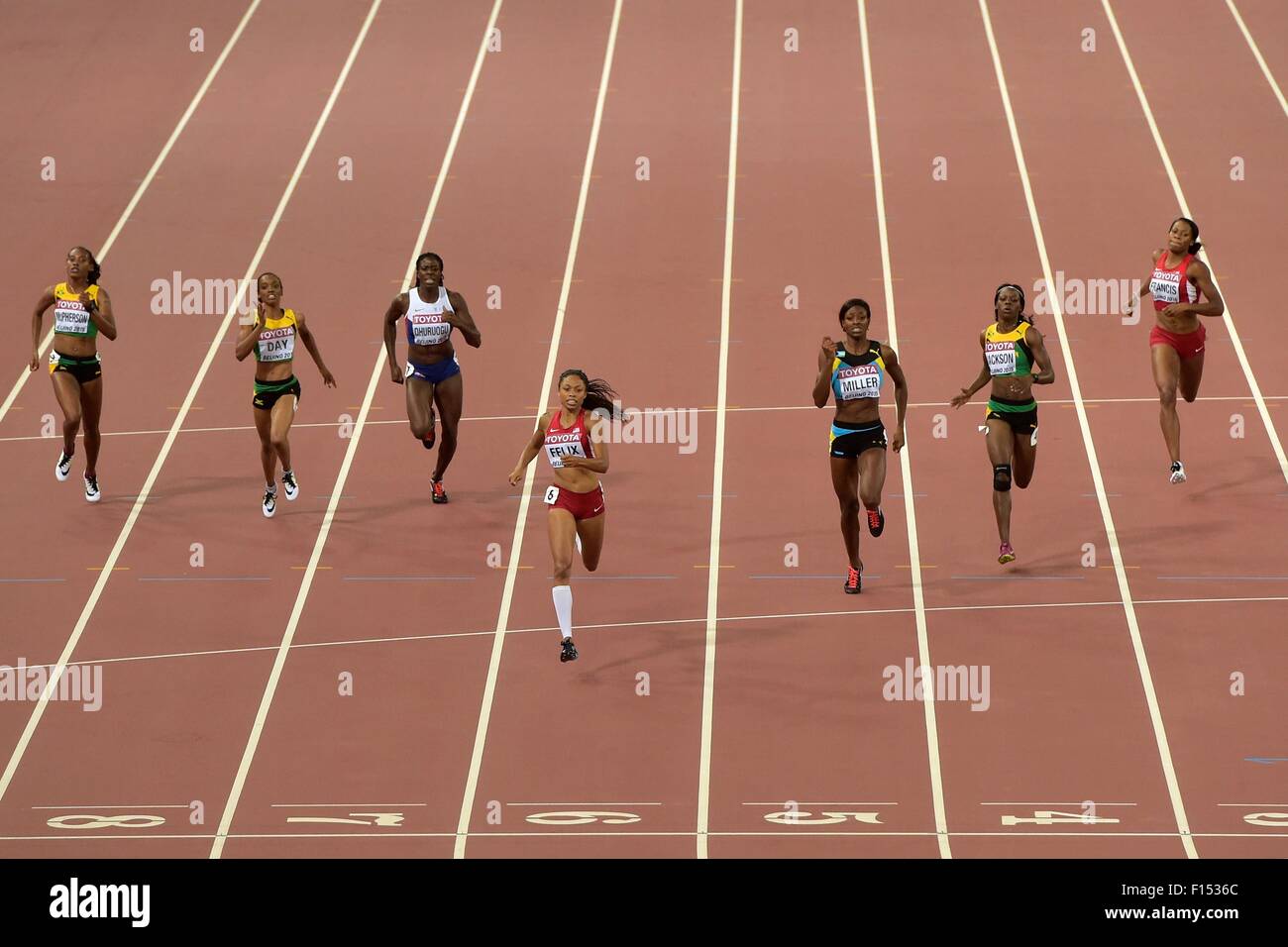 Peking, China. 27. August 2015. IAAF Weltmeisterschaften im National Stadium, auch bekannt als Vogelnest, in Peking, China, 27. August 2015. Allyson Felix (USA) gewinnt das Finale der Frauen 400 m Credit: Action Plus Sport/Alamy Live News Stockfoto