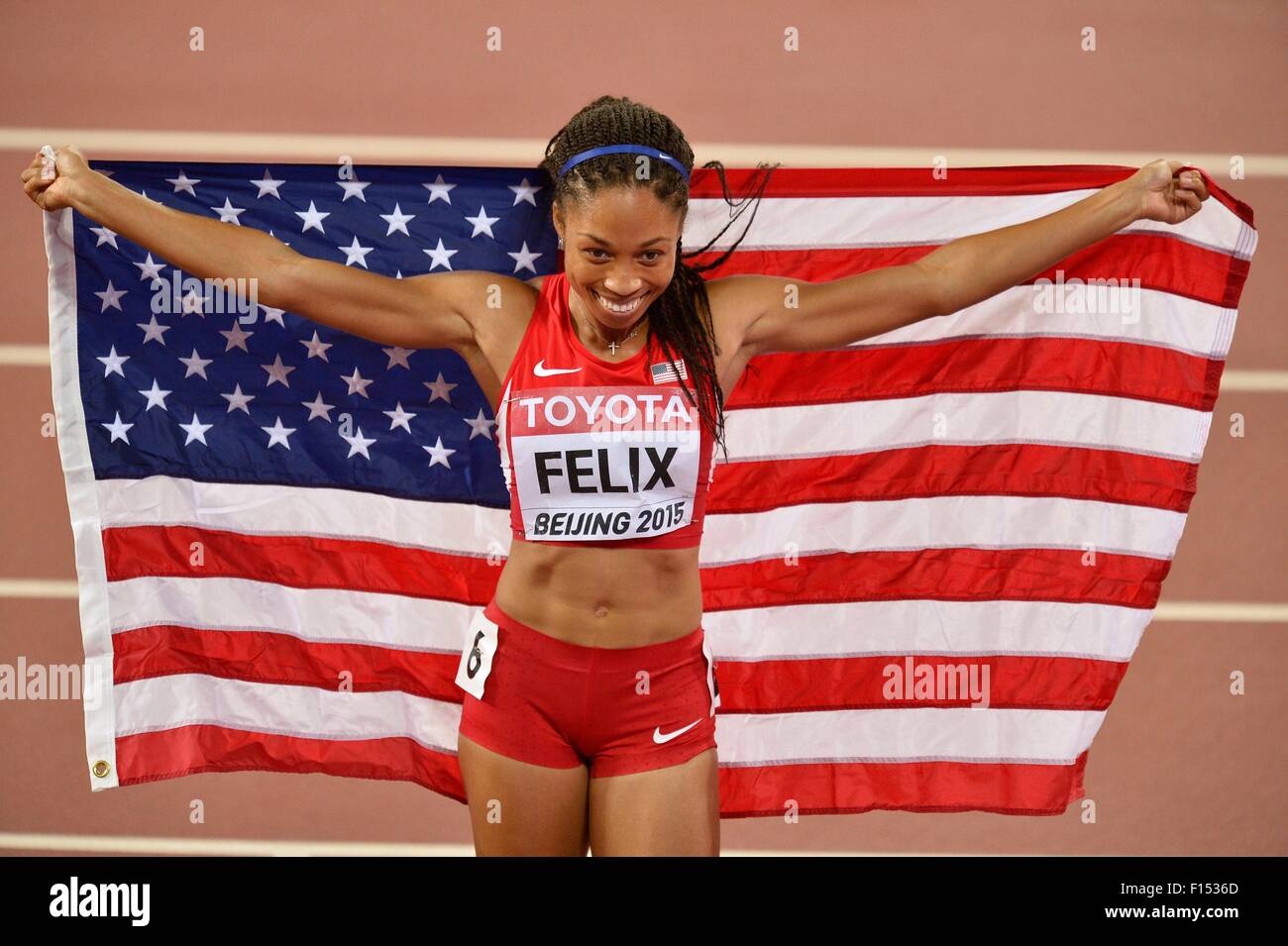 Peking, China. 27. August 2015. IAAF Weltmeisterschaften im National Stadium, auch bekannt als Vogelnest, in Peking, China, 27. August 2015. Allyson Felix (USA) gewinnt das Finale der Frauen 400 m Credit: Action Plus Sport/Alamy Live News Stockfoto