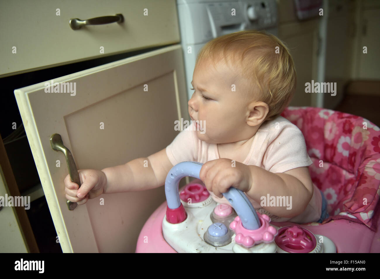 Ein elf Monate altes Baby in ihre Wheelie öffnet eine Schranktür in einer Küche. Stockfoto