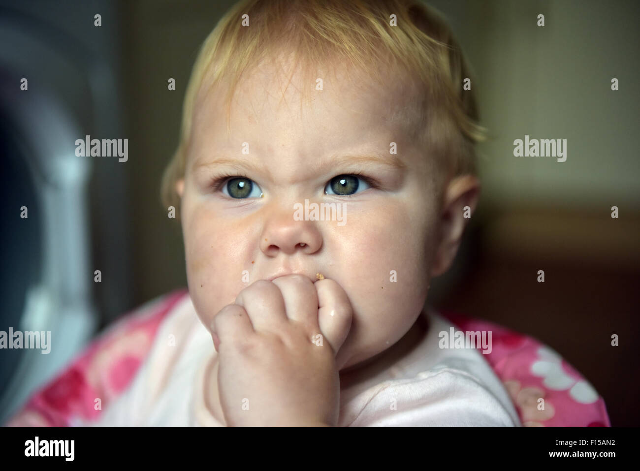 Ein elf Monate altes Baby Zahnen kauen an den Fingern, die Beschwerden des Zahnes zu lindern Schmerzen. Stockfoto
