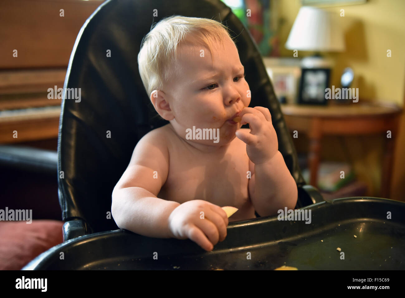 Ein 11 Monate altes Baby-sitter in einen Hochstuhl, ein Stück Apfel zu essen. Stockfoto