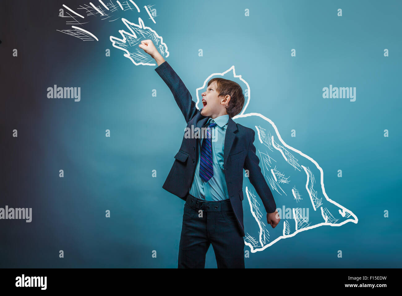 Superheld Junge hob seine Hände Supermacht Geschäftsmann fliegen beh Stockfoto