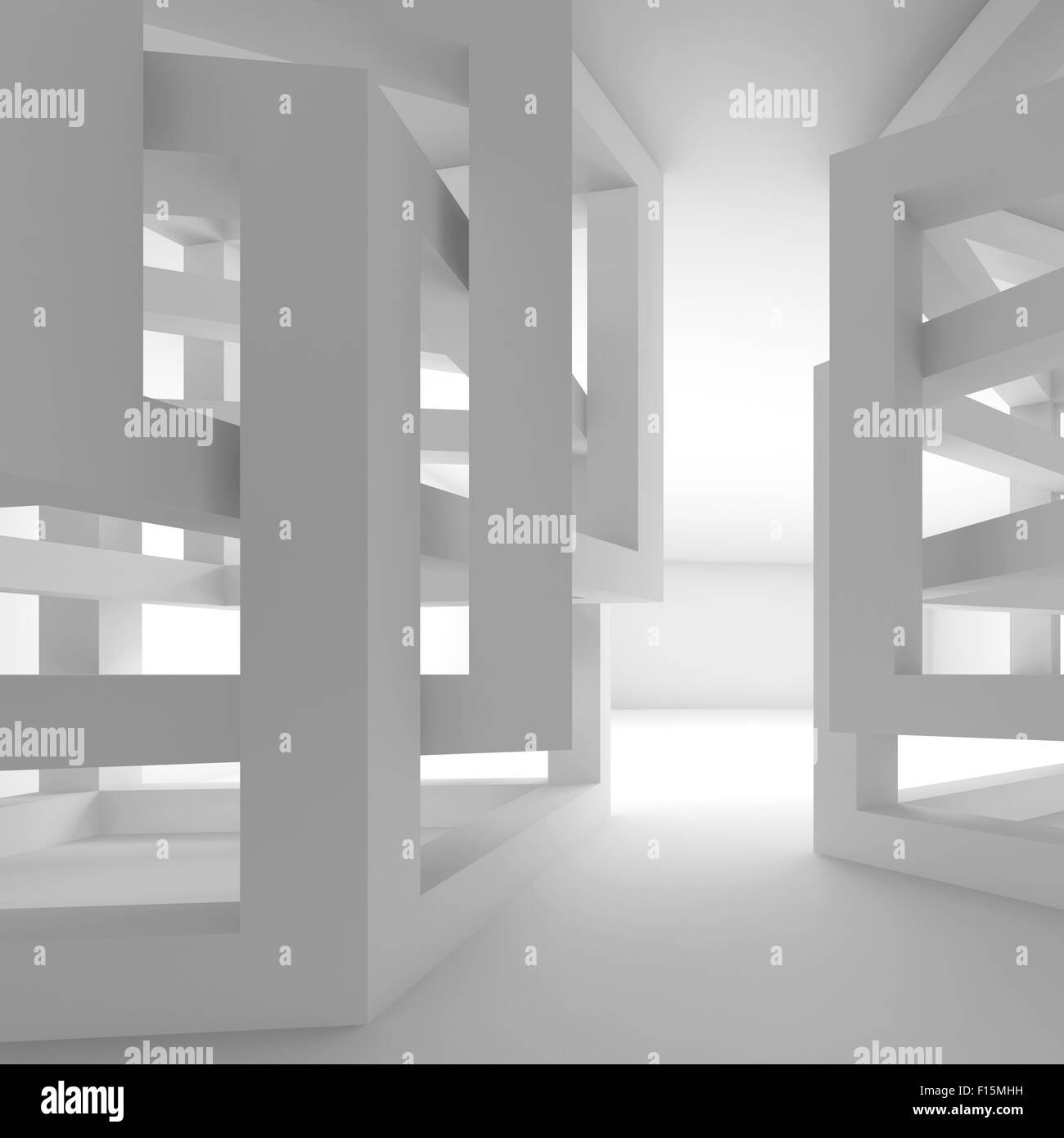 Abstrakte leere weiße moderne Interieur Fragment mit chaotischen Cube Konstruktionen, 3d illustration Stockfoto