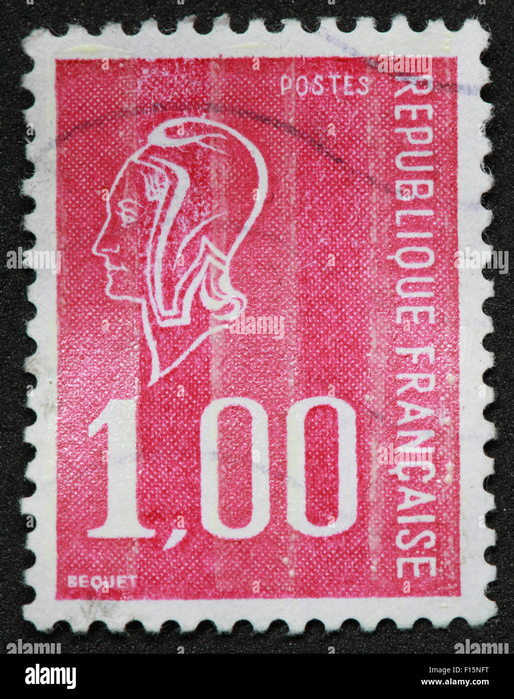 1F 1,00 Postes Republique Francaise BEQUET Gesicht rosa roten Stempel Stockfoto