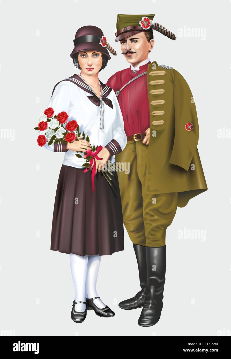 Historischen polnischen SokÃ³Å "Gesellschaft Tracht. SokÃ³Å "Mitglied und seine Frau Illustration Isolated on Solid grau. Polnische H Stockfoto