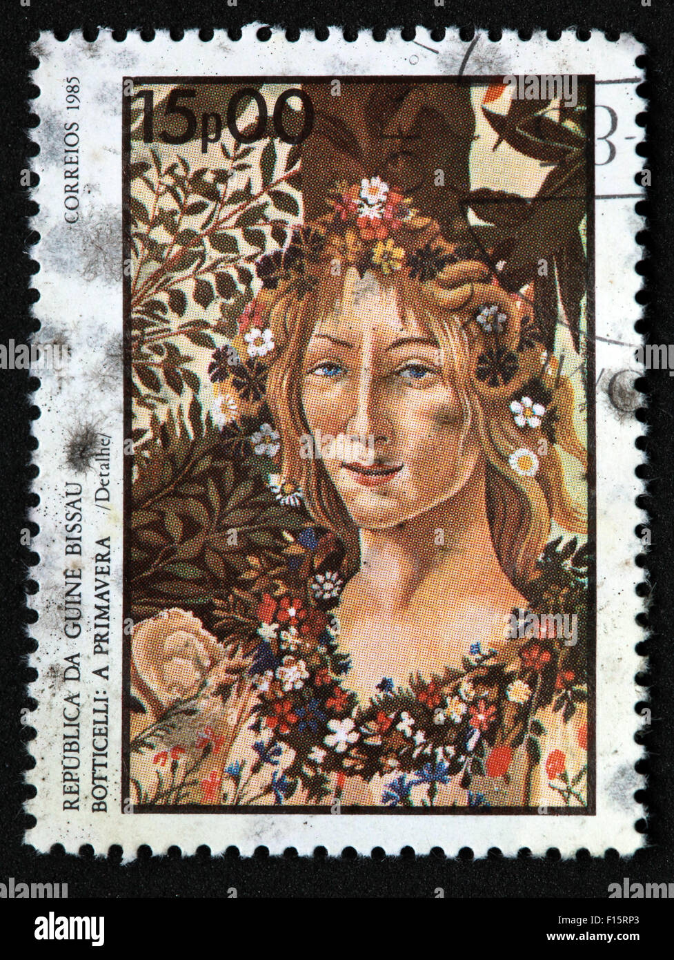 Republica Da Nelkenrevolution Bissau Botticelli eine Primavera Frühling in Correios 1985 15p 00 Mädchen Frau Blumen im Haar-Stempel Stockfoto