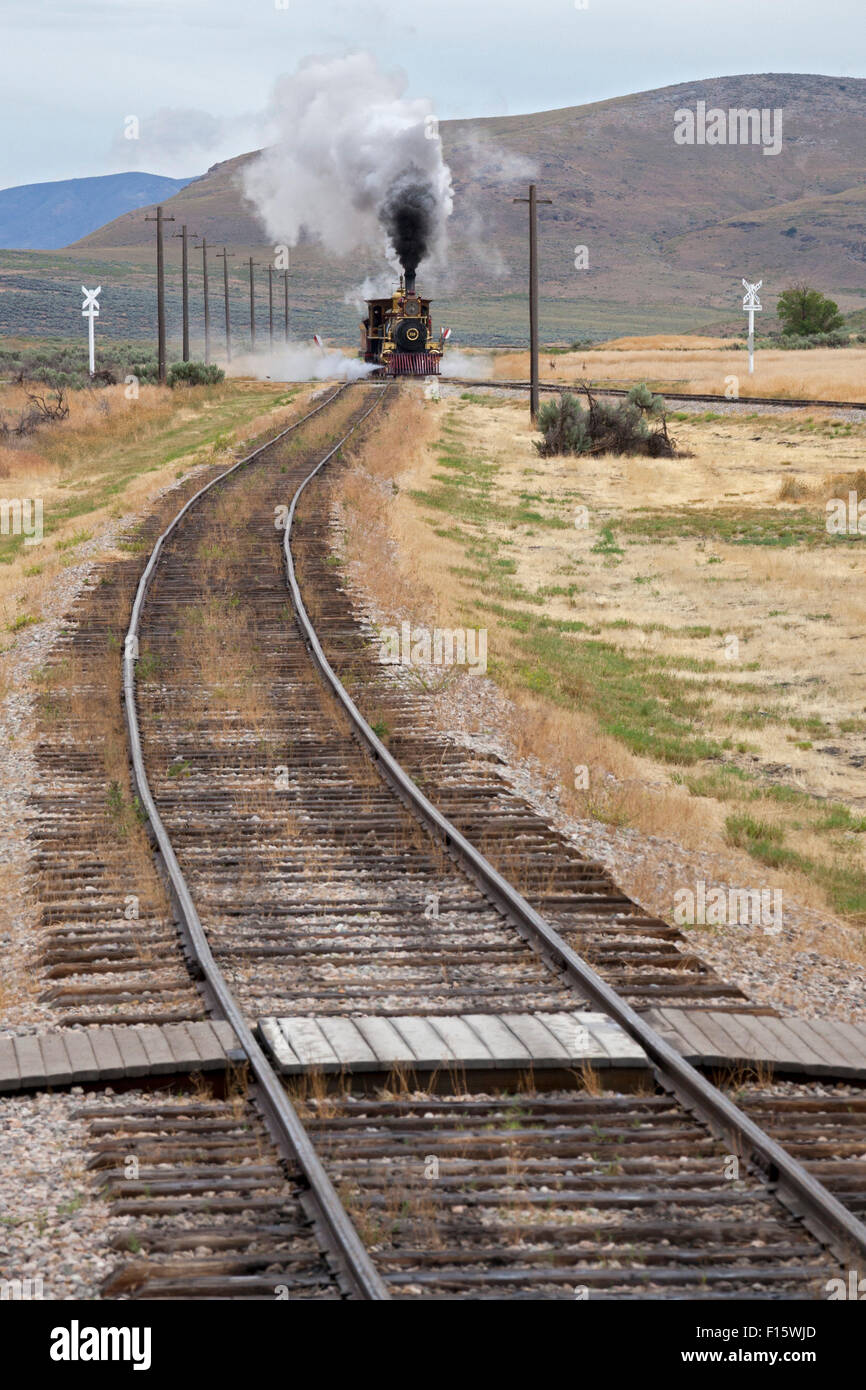 Promontory Summit, Utah - Golden Spike National Historical Park, wo die erste transkontinentale Eisenbahn im Jahr 1869 fertiggestellt wurde. Stockfoto