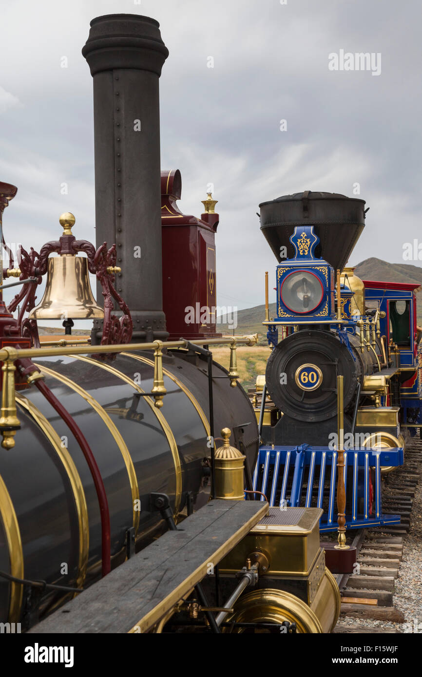 Promontory Summit, Utah - Golden Spike National Historical Park, wo die erste transkontinentale Eisenbahn im Jahr 1869 fertiggestellt wurde. Stockfoto