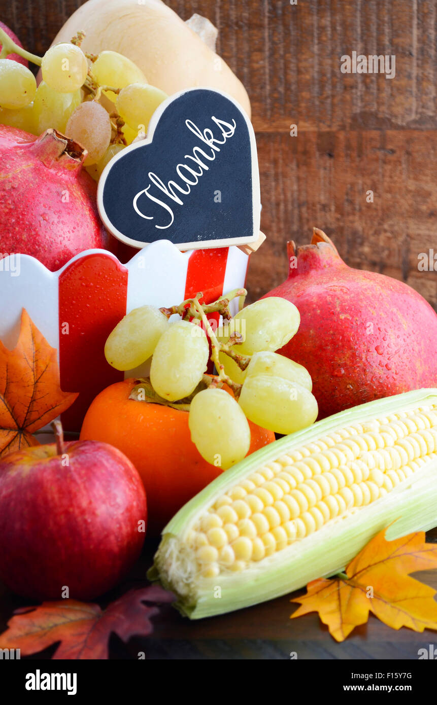 Schüssel mit Thanksgiving fallen Obst und Gemüse mit Granatapfel, Kaki, Äpfel, Trauben und Mais in roten und weißen Keramik Stockfoto