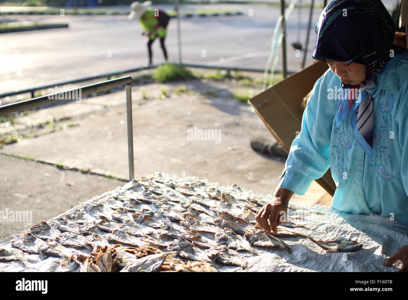Arbeiter trocken gesalzener Fisch unter der Sonne während das Tageslicht. Stockfoto