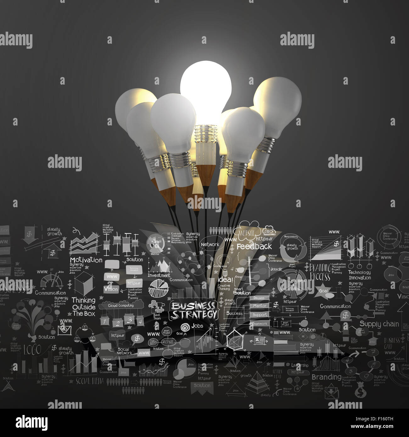 Zeichnung Bleistift-Glühbirne Idee und offenes Buch Business-Strategie als Konzept Stockfoto