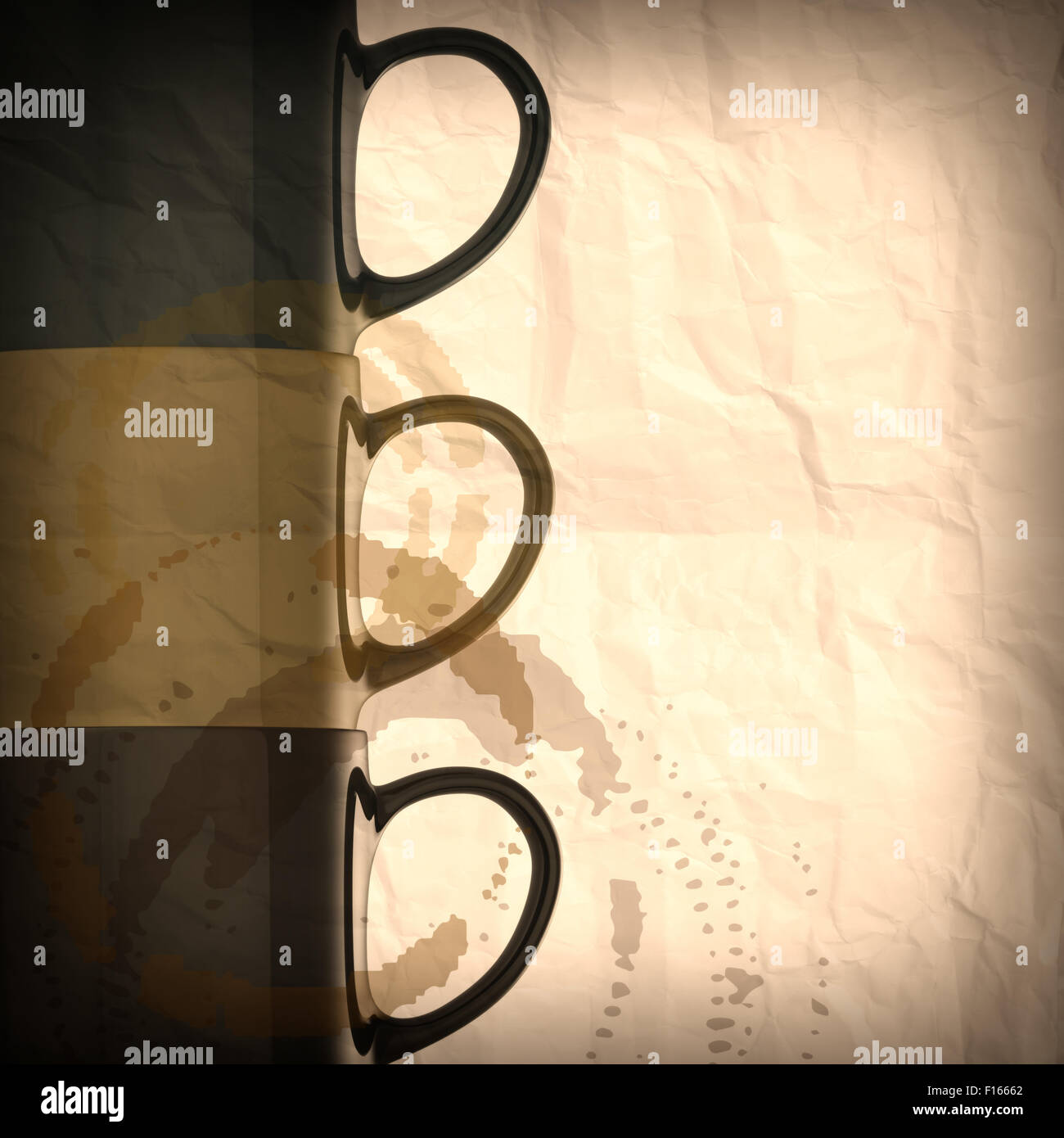 Kaffeebecher 3d auf Recycling zerknittertes Papierhintergrund Stockfoto