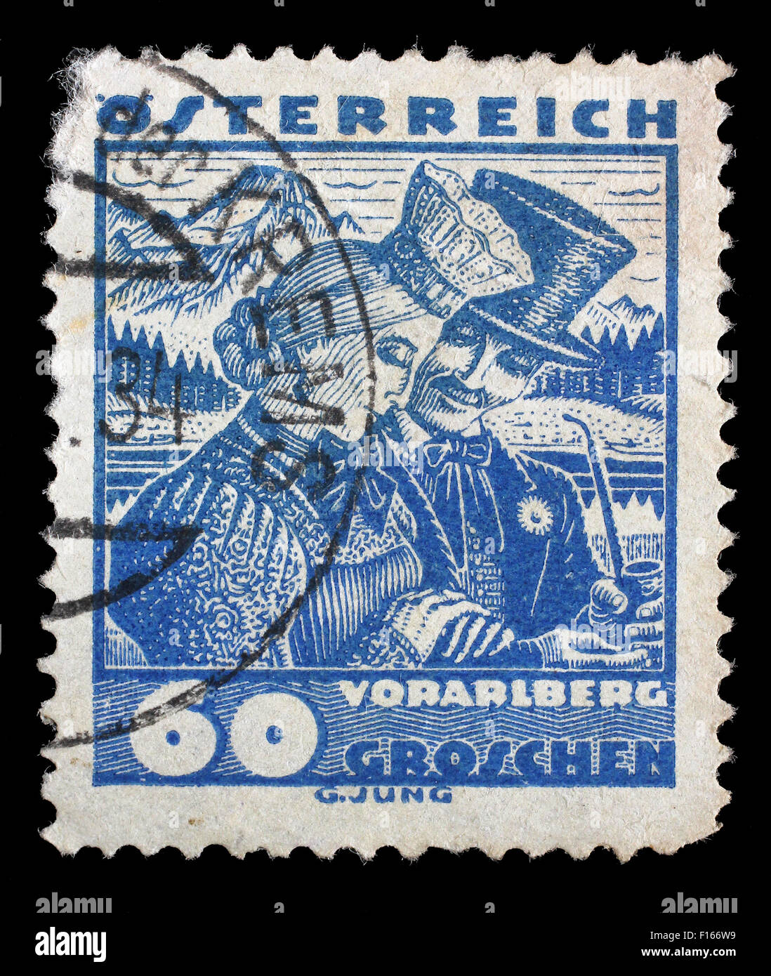 Österreich - ca. 1932: Briefmarke gedruckt von Österreich zeigt Vorarlberg Brautpaar, ca. 1932 Stockfoto