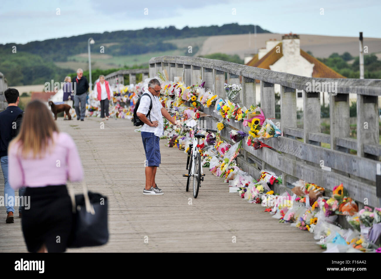 Shoreham, Sussex, UK. 28. August 2015. Ein Radfahrer hält um die floral Tribute auf der alten Mautbrücke betrachten gewordene Focul Punkt jener gedenken, die in der Shoreham Airshow-Katastrophe am vergangenen Wochenende es fast eine Woche gestorben ist, nachdem ein Hawker Hunter-Jet auf der A27 bei einer Anzeige in der Shoreham Airshow tötete 11 Menschen Credit abgestürzt: Simon Dack/Alamy Live News Stockfoto