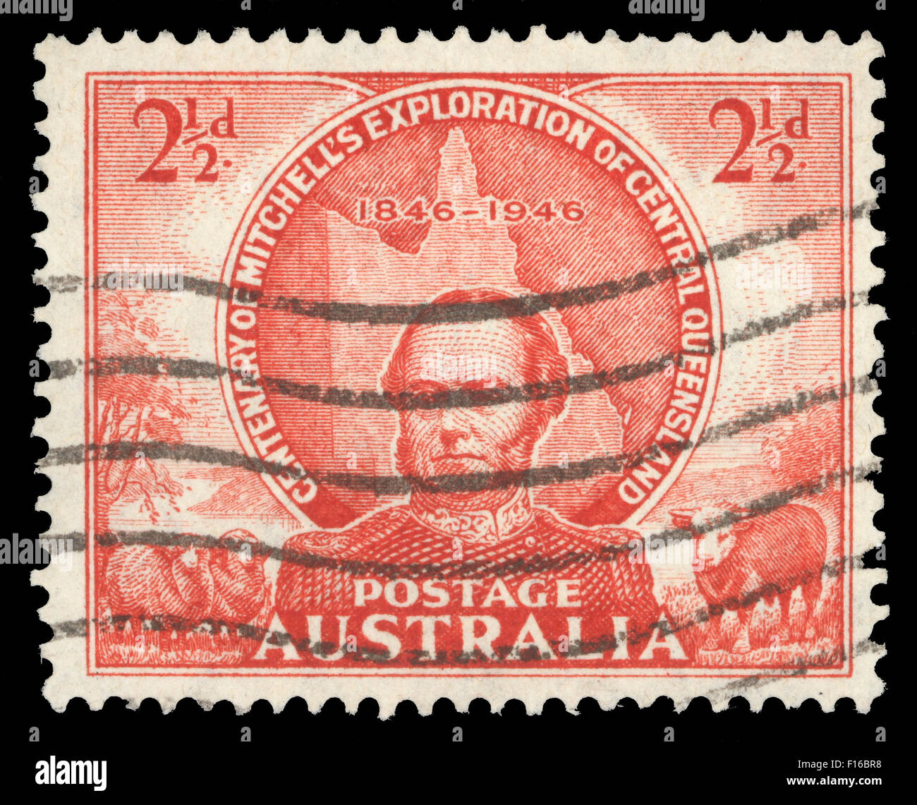 Briefmarke gedruckt in Australien zeigt Sir Thomas Mitchell und Karte von Queensland, ca. 1946 Stockfoto