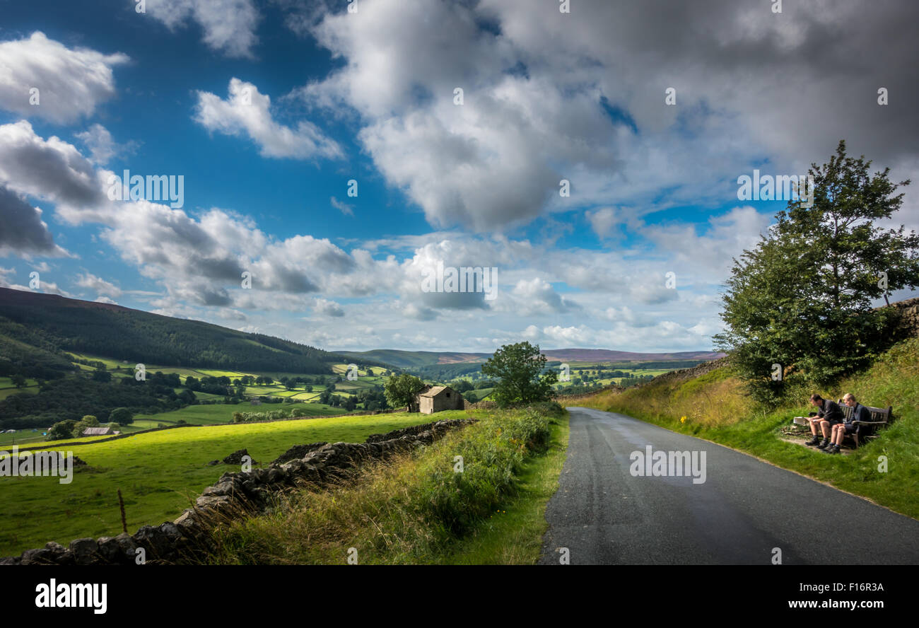 Typische Landschaft Szene aus einem Yorkshire Dales Straße mit zwei Personen in der Nähe von Skyreholme, mit Blick fällt in Bösingen Tal von Greenhow Hill. Stockfoto