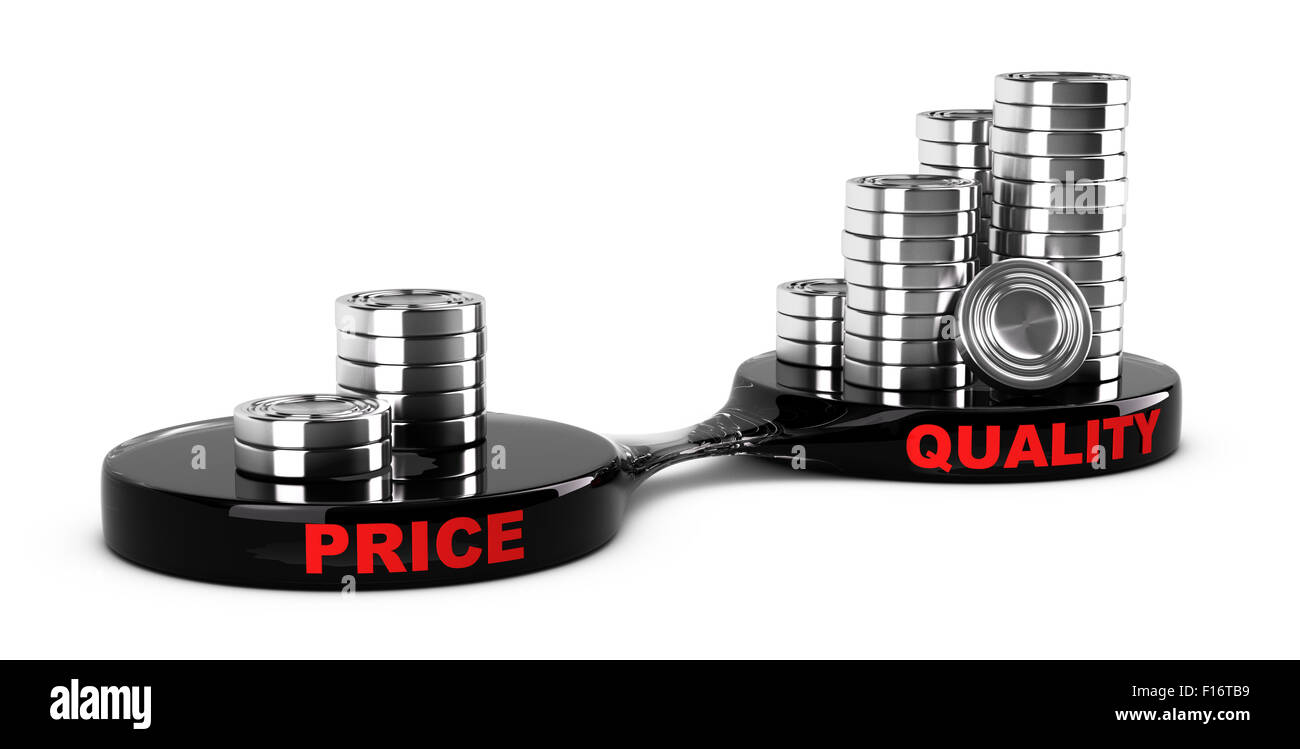 Preis Vs Qualitätskonzept, Münzen abstrakt Pfähle. Konzeptbild für Business-Kosten-Management für einen Wert haben Artikel. Stockfoto
