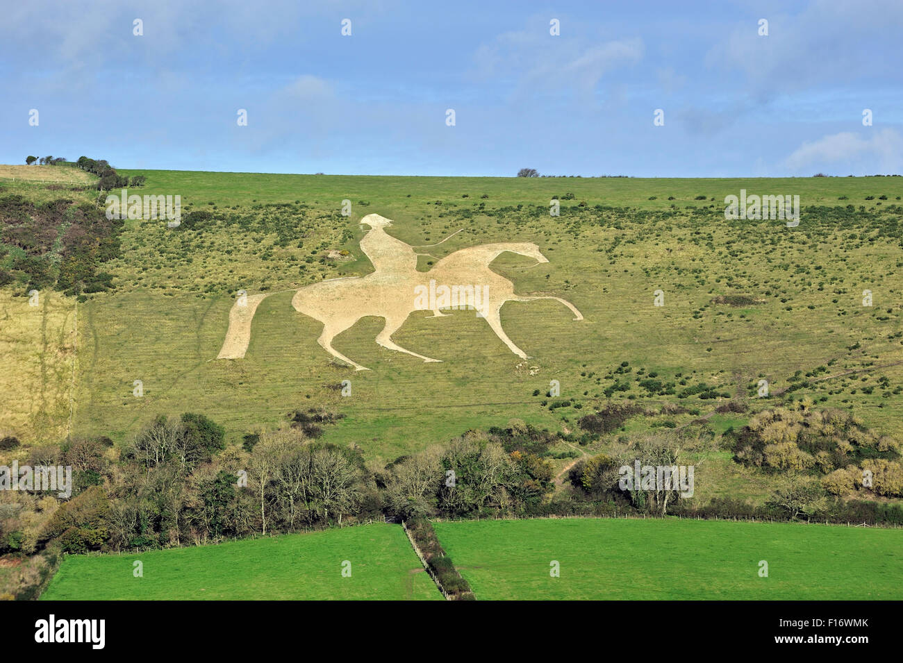 Osmington White Horse, geformte Hügel Abbildung von George III auf dem Pferderücken in den Kalkstein Osmington Hill, Dorset, England, UK Stockfoto