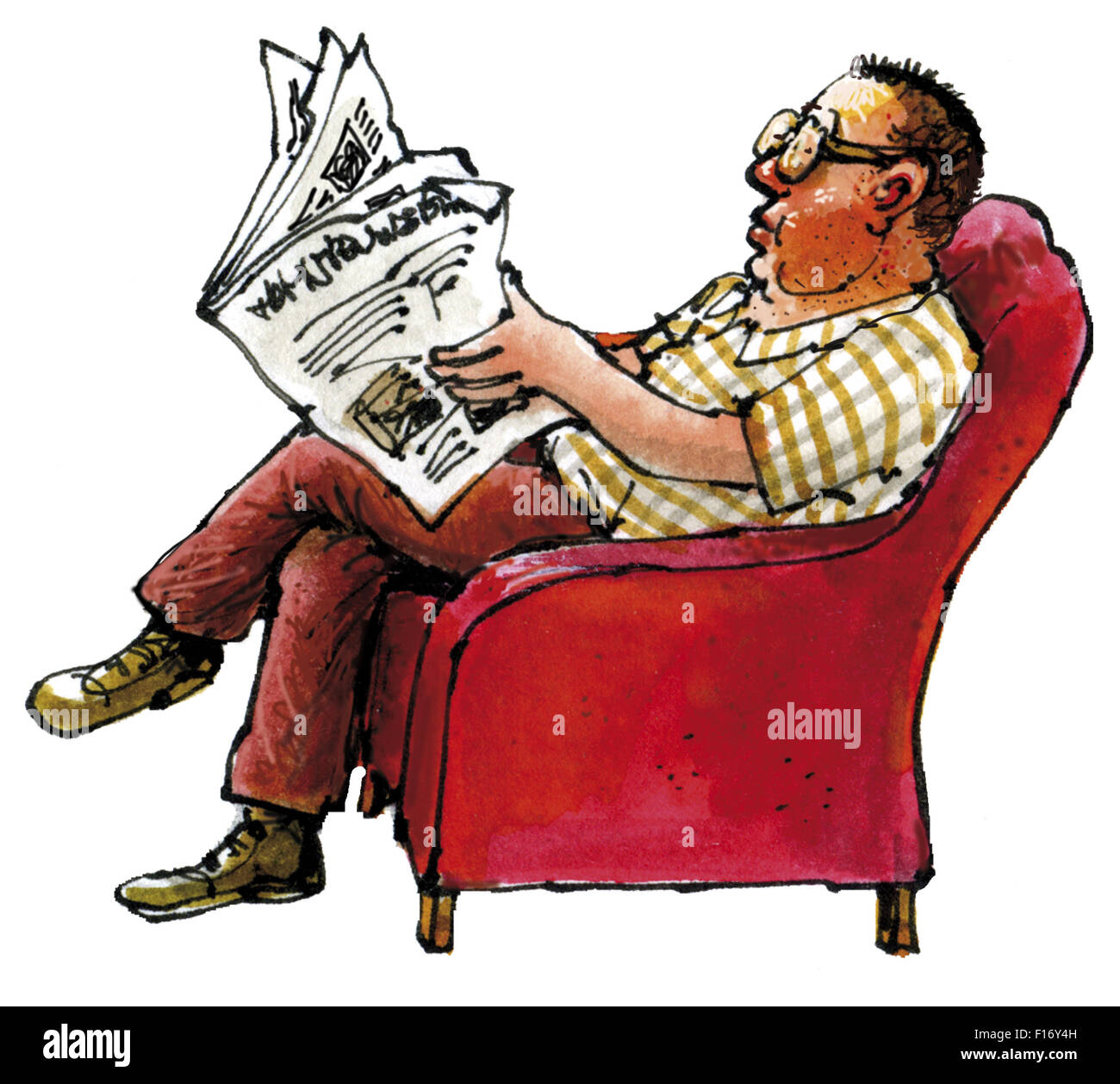 Mann sitzt auf dem Stuhl, Zeitung lesen Stockfotografie