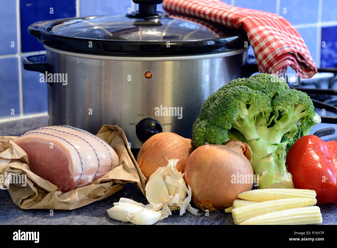 Frische ganze Zutaten vor einem langsamen Kocher Topf Stockfoto