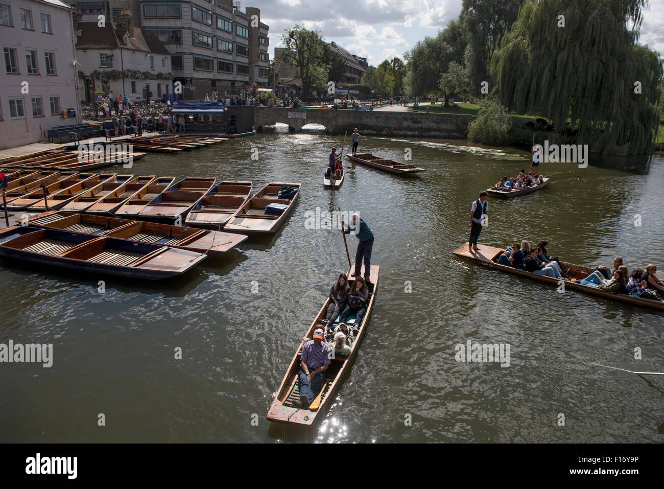 Cambridge, Cambridgeshire, England, UK. Bootfahren auf dem Fluss Cam. 28. August 2015 Stechkahn fahren bei Silver Street auf der Cam Stockfoto