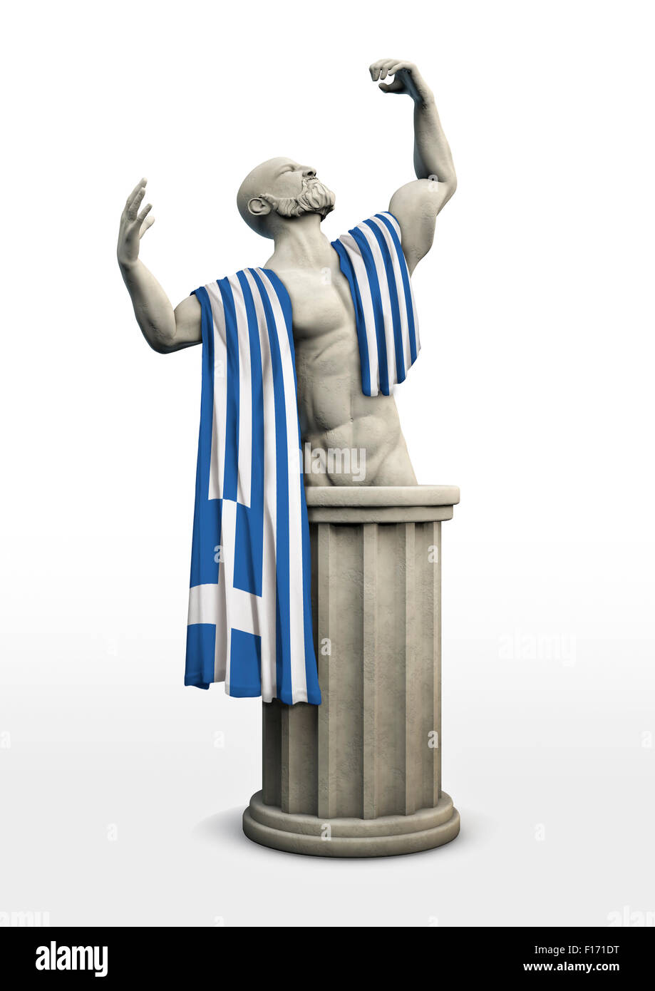 Griechische Tragödie / tragische griechische Statue drapiert mit Flagge von Griechenland Stockfoto