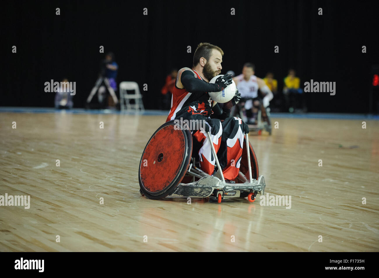 14. August 2015: PARAPANAM-SPIELE für den Einsatz im Rollstuhl, Rugby-Gold-Medaillenspiel Kanada gegen USA, Mississauga Sports Center. Stockfoto