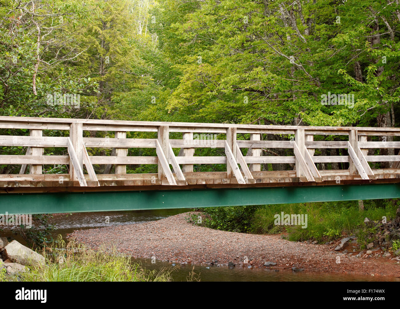 Fuß Brücke über niedrige Bachlauf in waldreicher Umgebung. Stockfoto