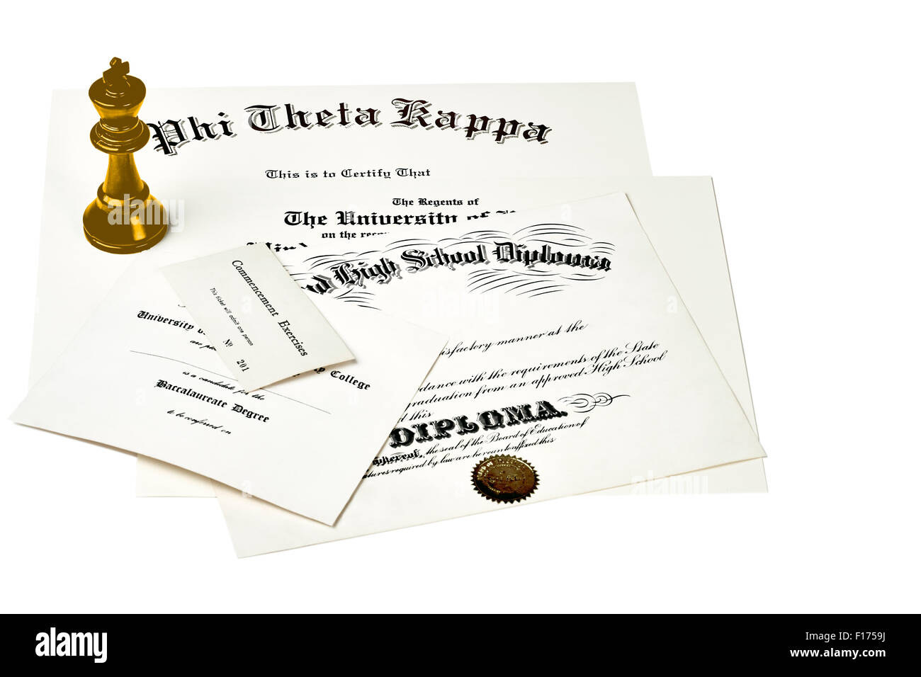 Ausbildung Zertifizierungsdokumente einschließlich High School Diploma, Beginn Ticket, Brüderlichkeit Zertifizierung und Universität deg Stockfoto