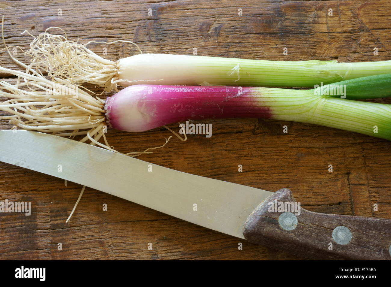 Frische rote Frühlingszwiebeln und einem Küchenmesser auf rustikalem Holzbrett Stockfoto