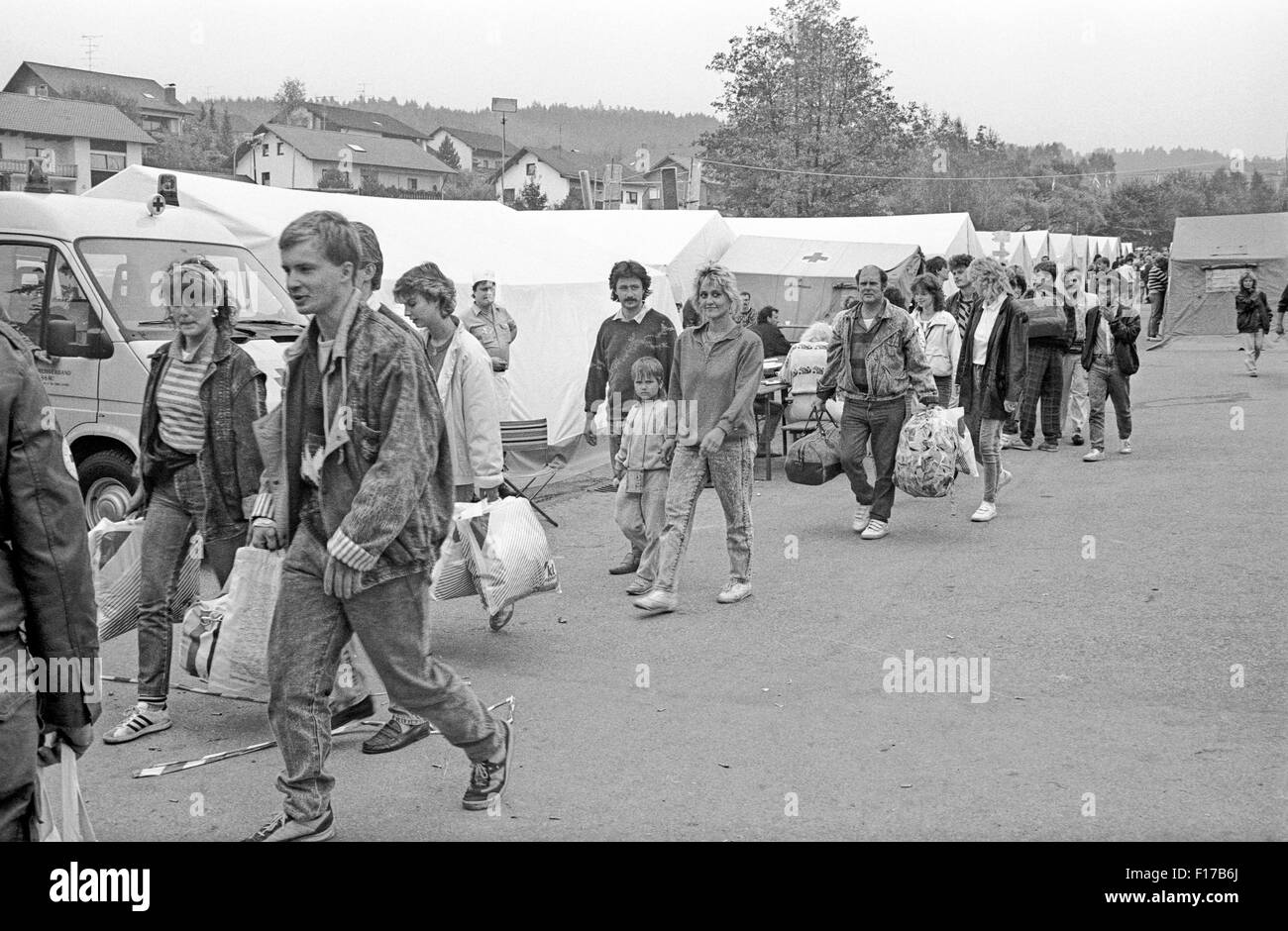 Flüchtlingslager in den Landkreis Passau, Bayern, auf DDR-Flüchtlinge, die über Ungarn und Österreich in den Westen geflohen sind Stockfoto