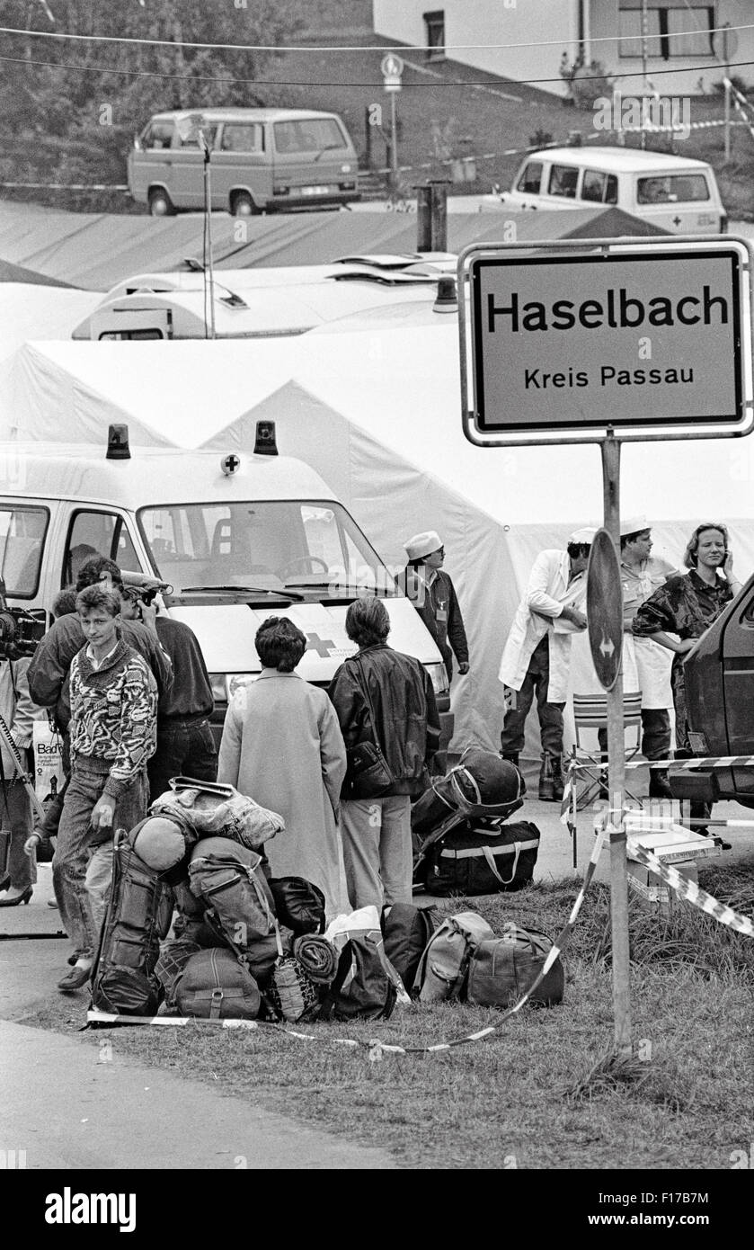 Flüchtlingslager in den Landkreis Passau, Bayern, auf DDR-Flüchtlinge, die über Ungarn und Österreich in den Westen geflohen sind Stockfoto
