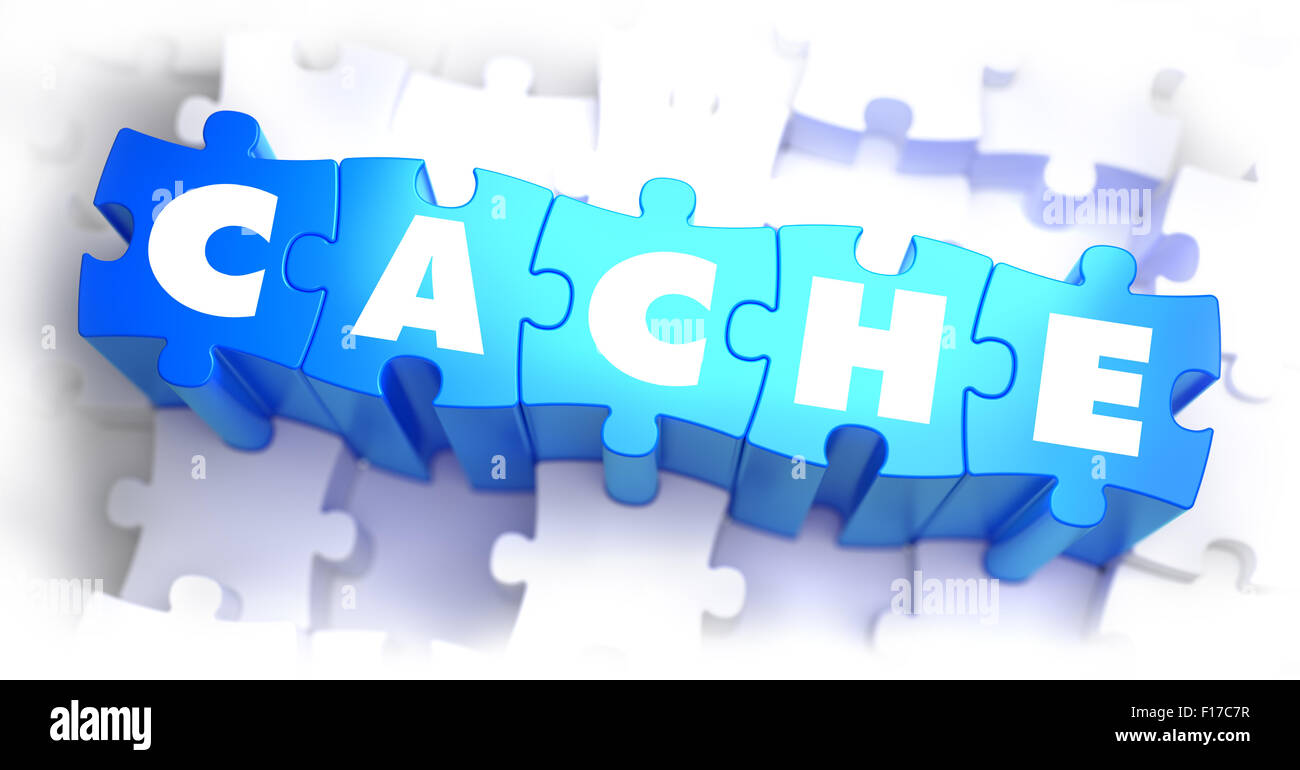 Cache - Rätsel weiß Wort auf blau auf weißem Hintergrund. 3D Illustration. Stockfoto