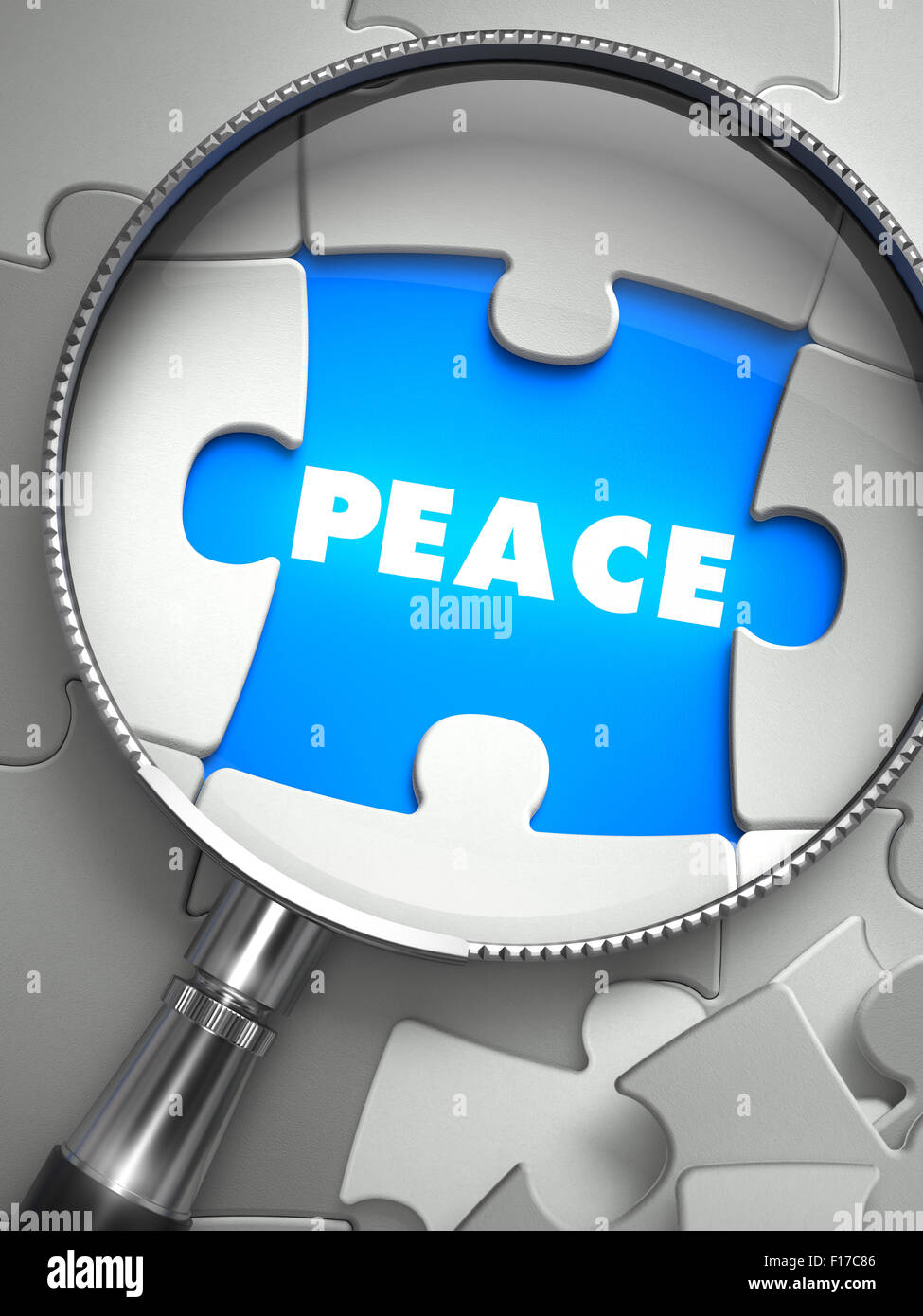 Frieden durch Objektiv auf fehlende Puzzle Frieden. Selektiven Fokus. 3D Render. Stockfoto