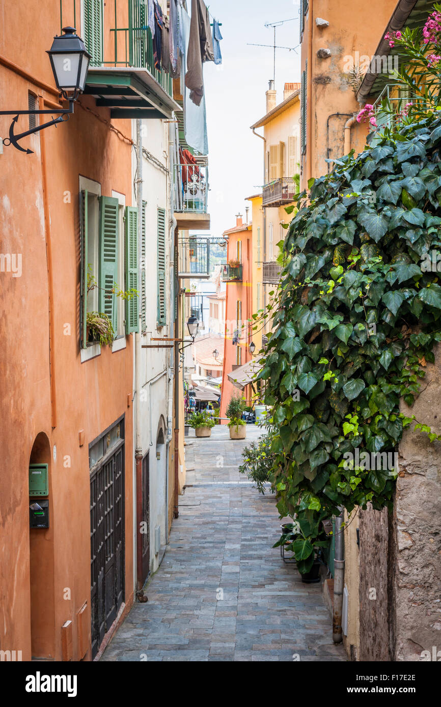 Schmale gepflasterte Straße mit hellen Gebäuden und grünen Efeu zum Mittelmeer in der mittelalterlichen Stadt Villefranche-Sur-Mer Stockfoto
