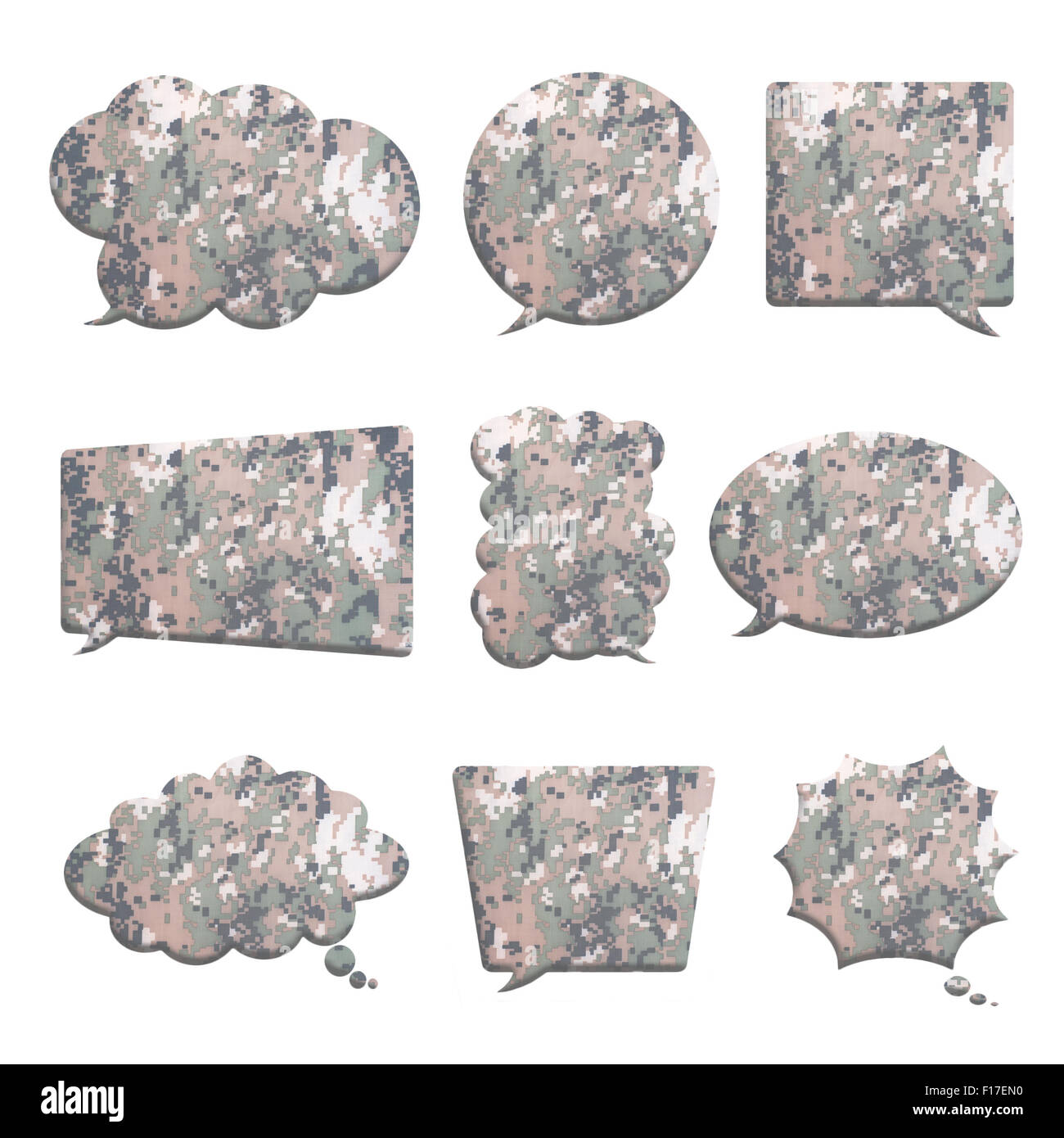 Digital Tarnung in der Blase Rede Form isoliert auf weißem Hintergrund Stockfoto