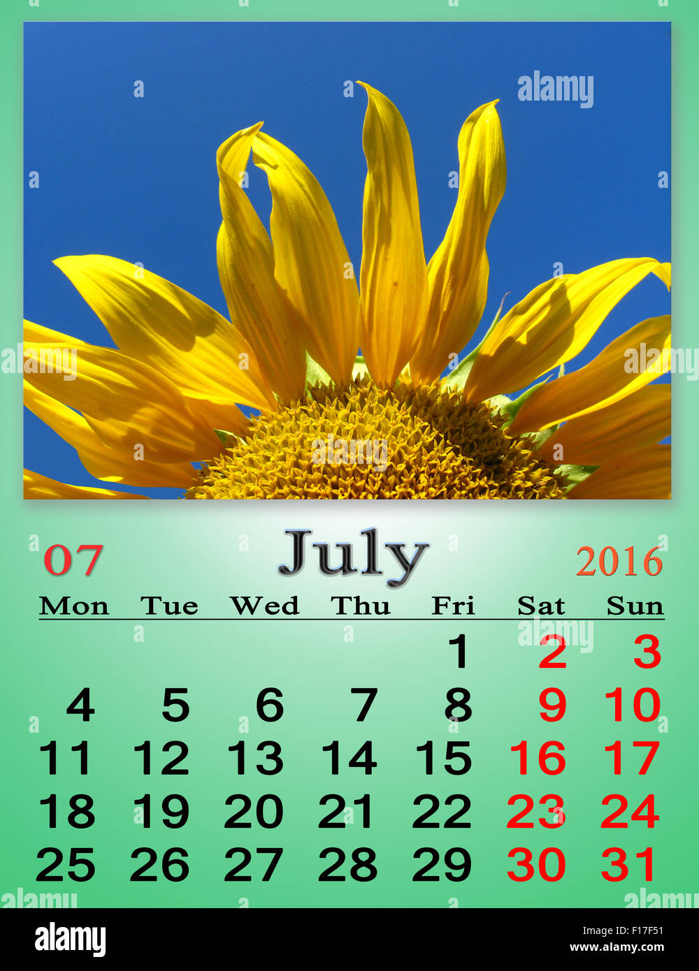 Kalender für Juli 2016 mit schönen gelben Sonnenblume Stockfoto