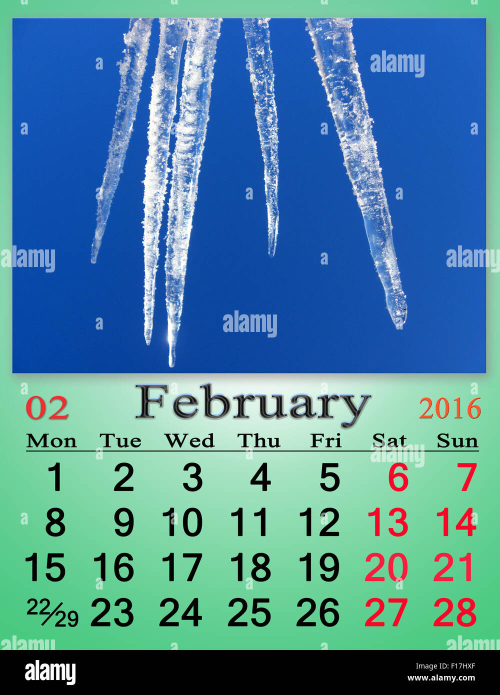 Kalender Februar 2015 auf dem Hintergrund der Eiszapfen Stockfoto