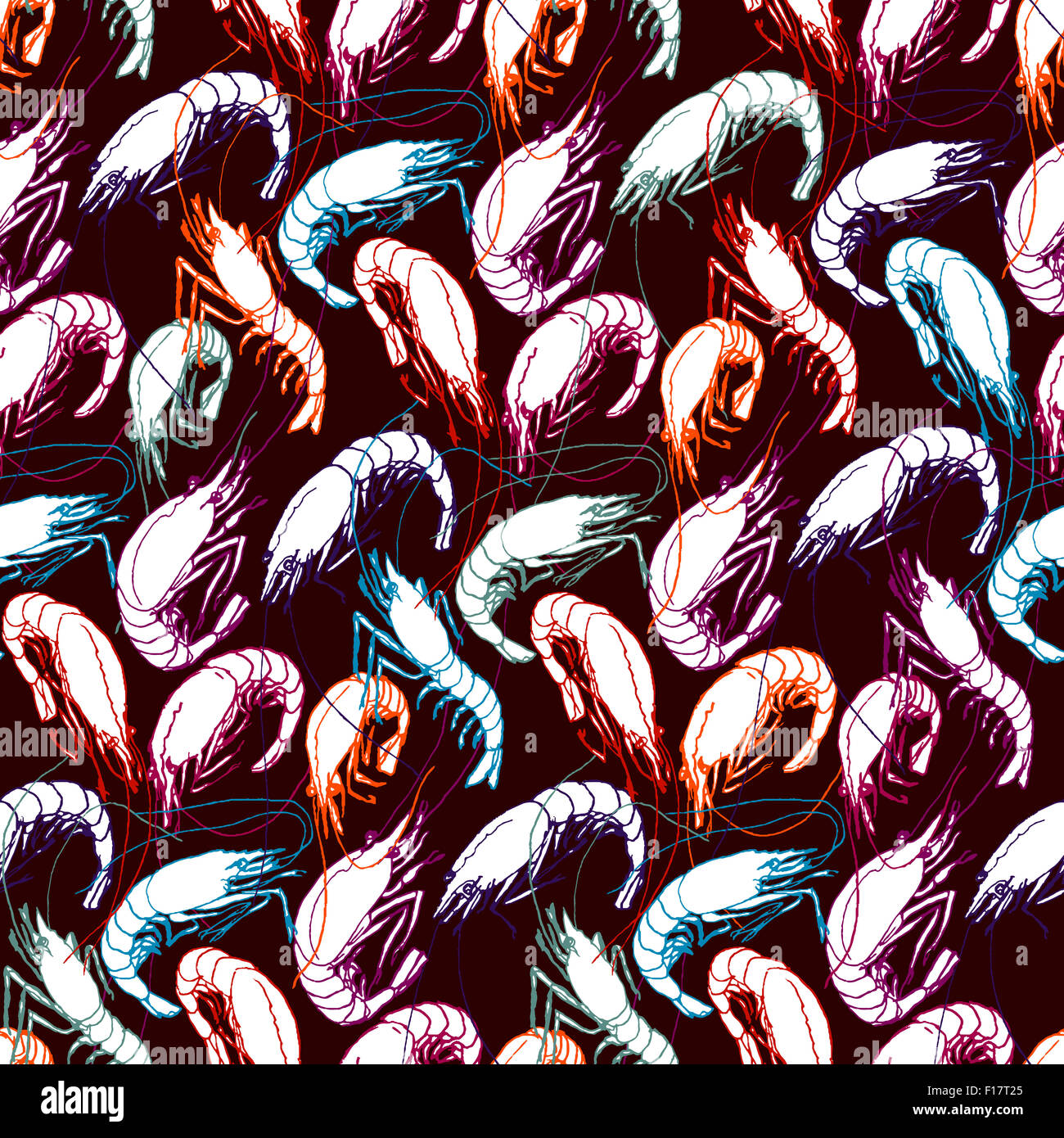 Garnelen. Nahtlose Muster Hintergrund. Orange, lila und Blau Farbe lineare Zeichnung auf dunkelbraun. Gezeichnete Illustration, Skizze Stockfoto