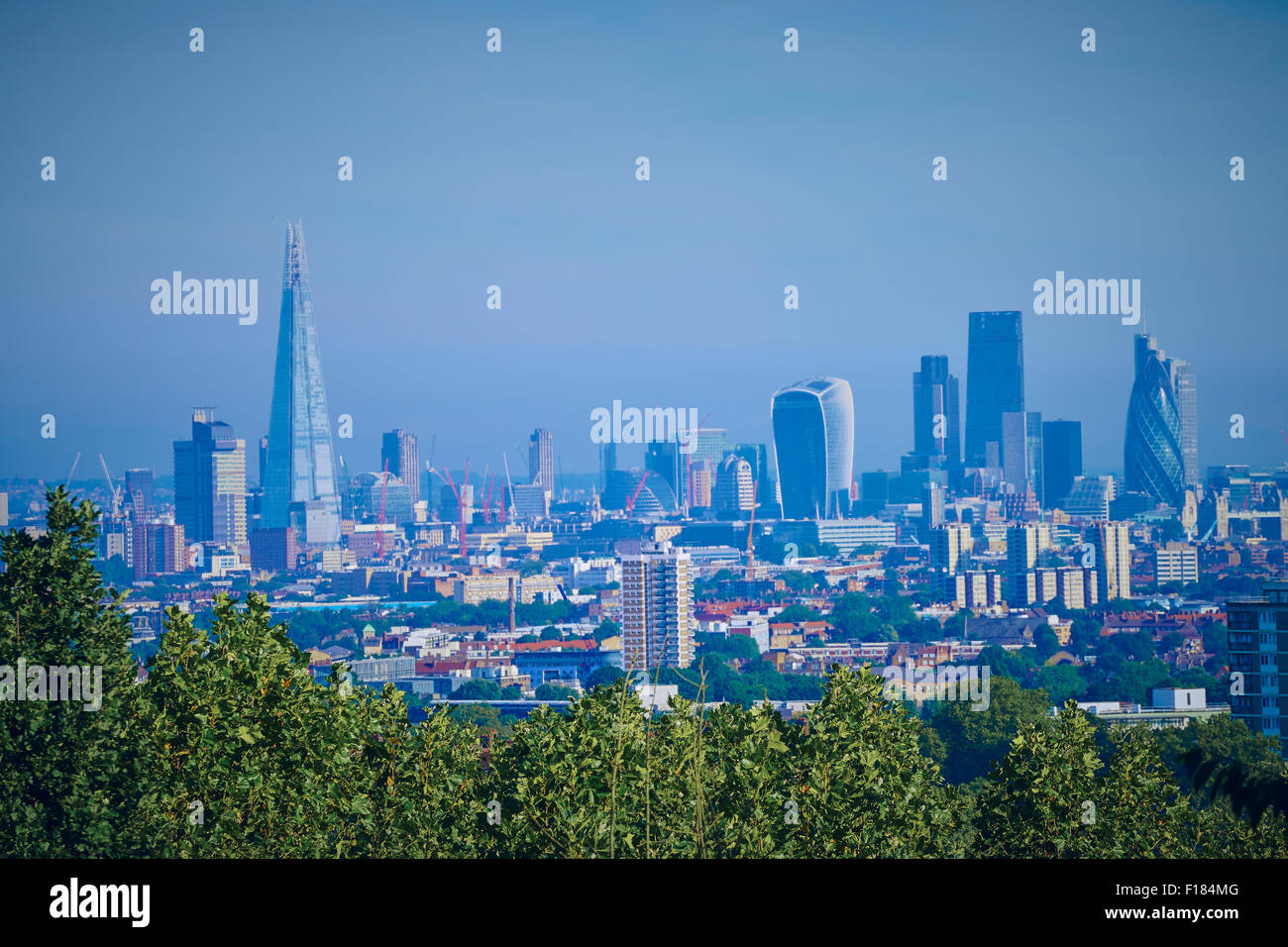 Die Skyline von London genommen von einem Hügel im Süden von London. Stockfoto