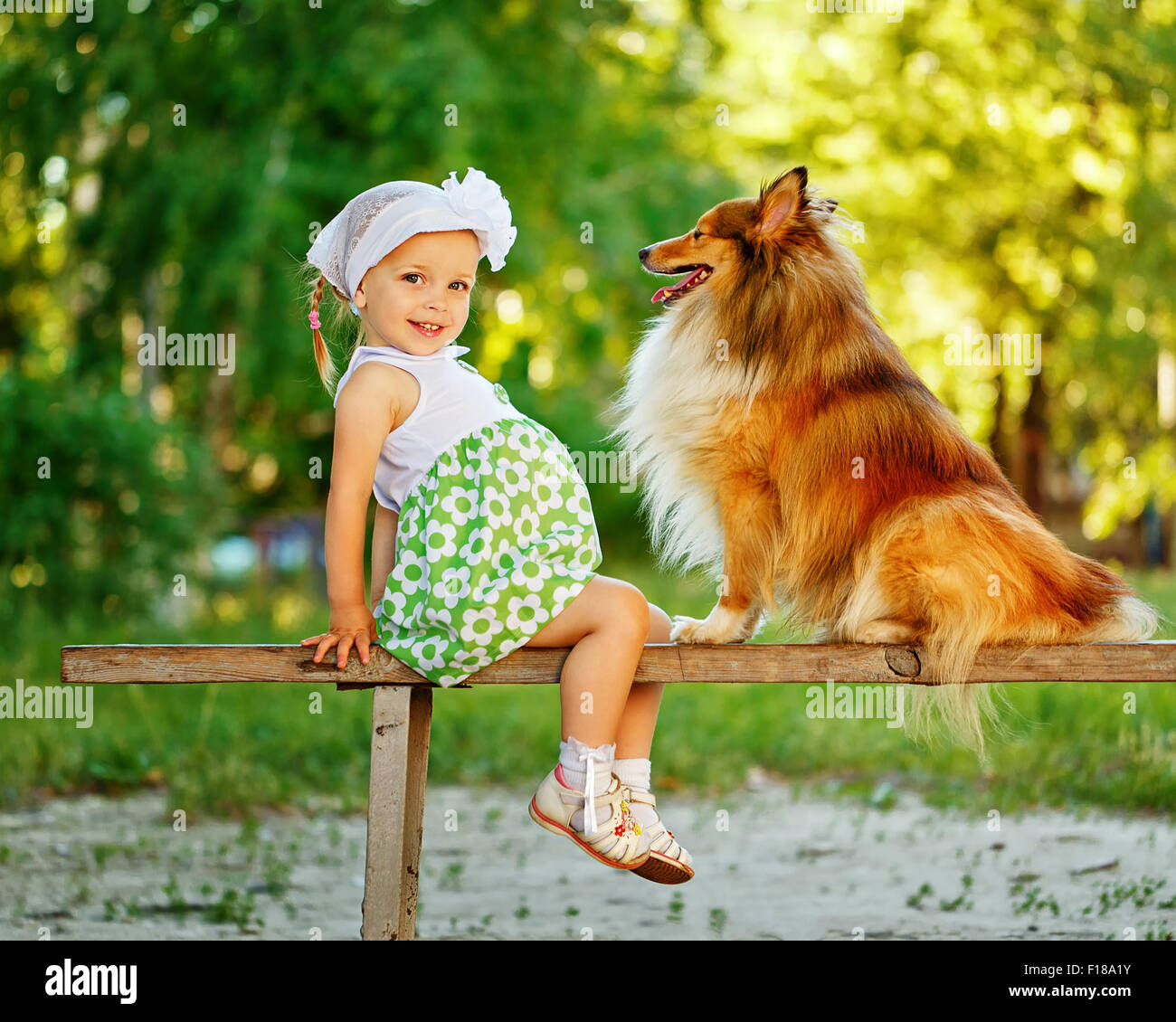 Kleine Mädchen und Hund Sheltie auf der Bank sitzen. Freundschaft