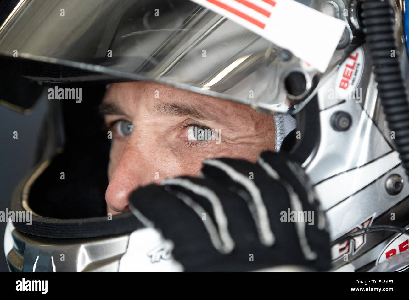 Nürburgring, Nuerburg, Deutschland. 29. August 2015. Schauspieler und Amateur-Rennfahrer Patrick Dempsey bereitet sich in der Box für die Qualifizierung der WEC sechs-Stunden-Rennen am Nürburgring, Nuerburg, Deutschland, 29. August 2015. Foto: THOMAS FREY/Dpa/Alamy Live News Stockfoto