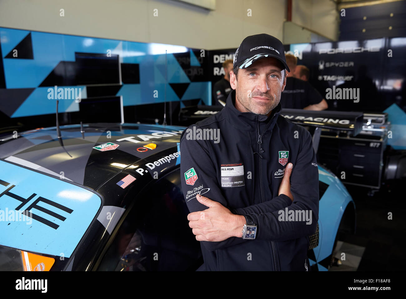 Nürburgring, Nuerburg, Deutschland. 29. August 2015. Schauspieler und Amateur-Rennfahrer Patrick Dempsey bereitet sich in der Box für die Qualifizierung der WEC sechs-Stunden-Rennen am Nürburgring, Nuerburg, Deutschland, 29. August 2015. Foto: THOMAS FREY/Dpa/Alamy Live News Stockfoto