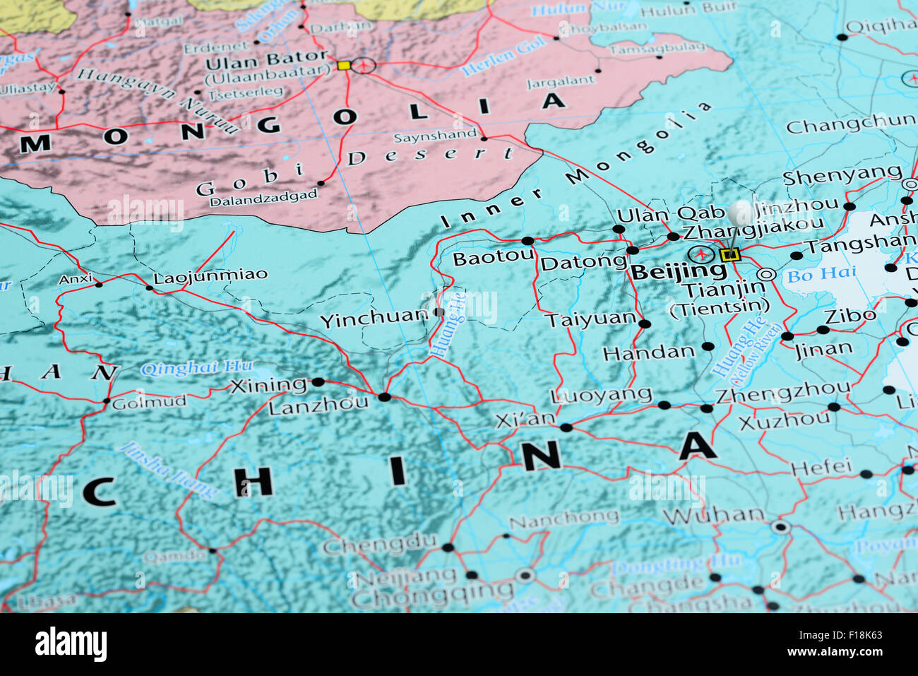 Beijing, fixiert auf einer Karte von Asien Stockfoto