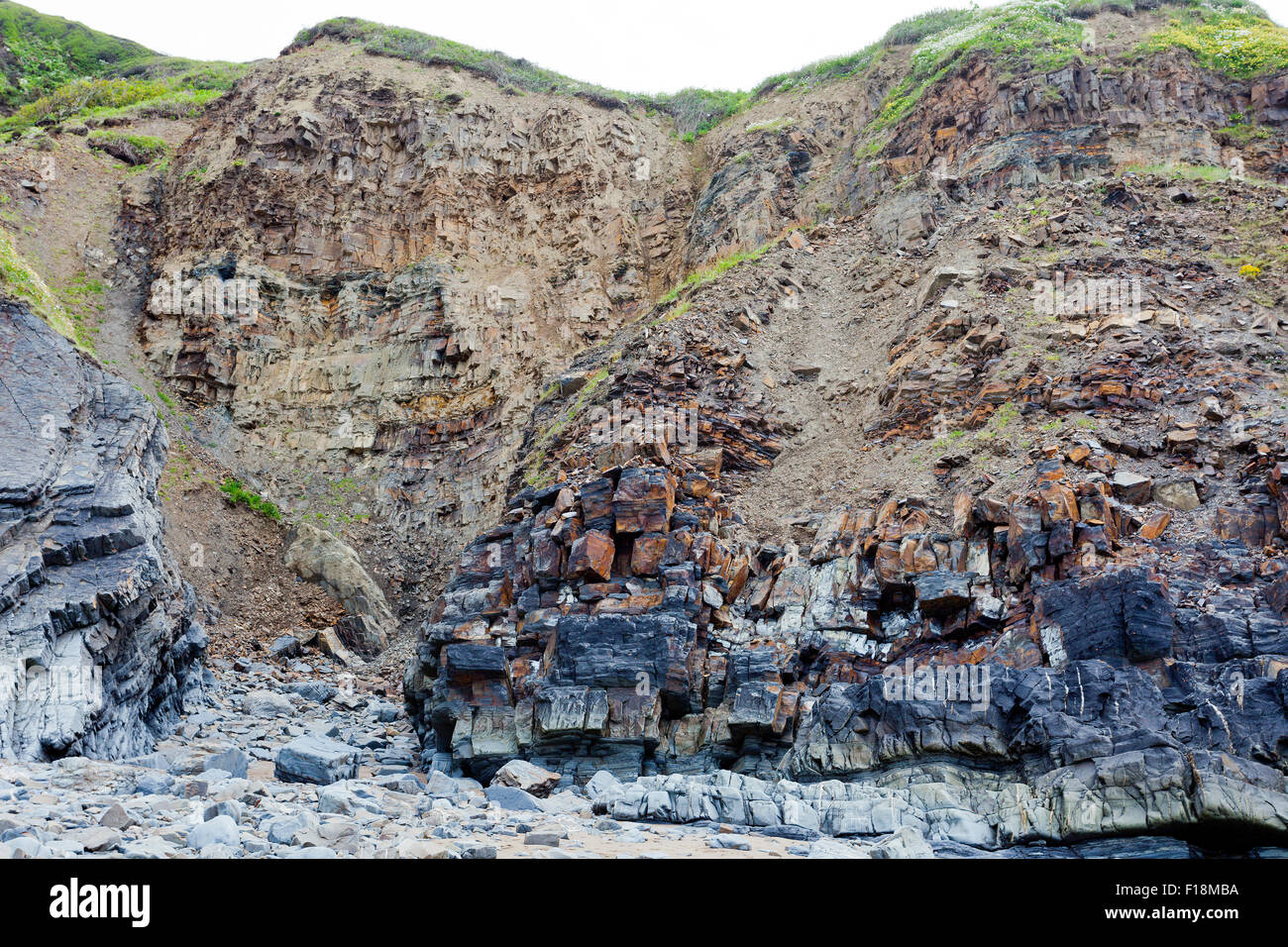 Die dramatische gefaltet und gekippt Gesteinsschichten bei Hartland Quay, North Devon, England, UK Stockfoto