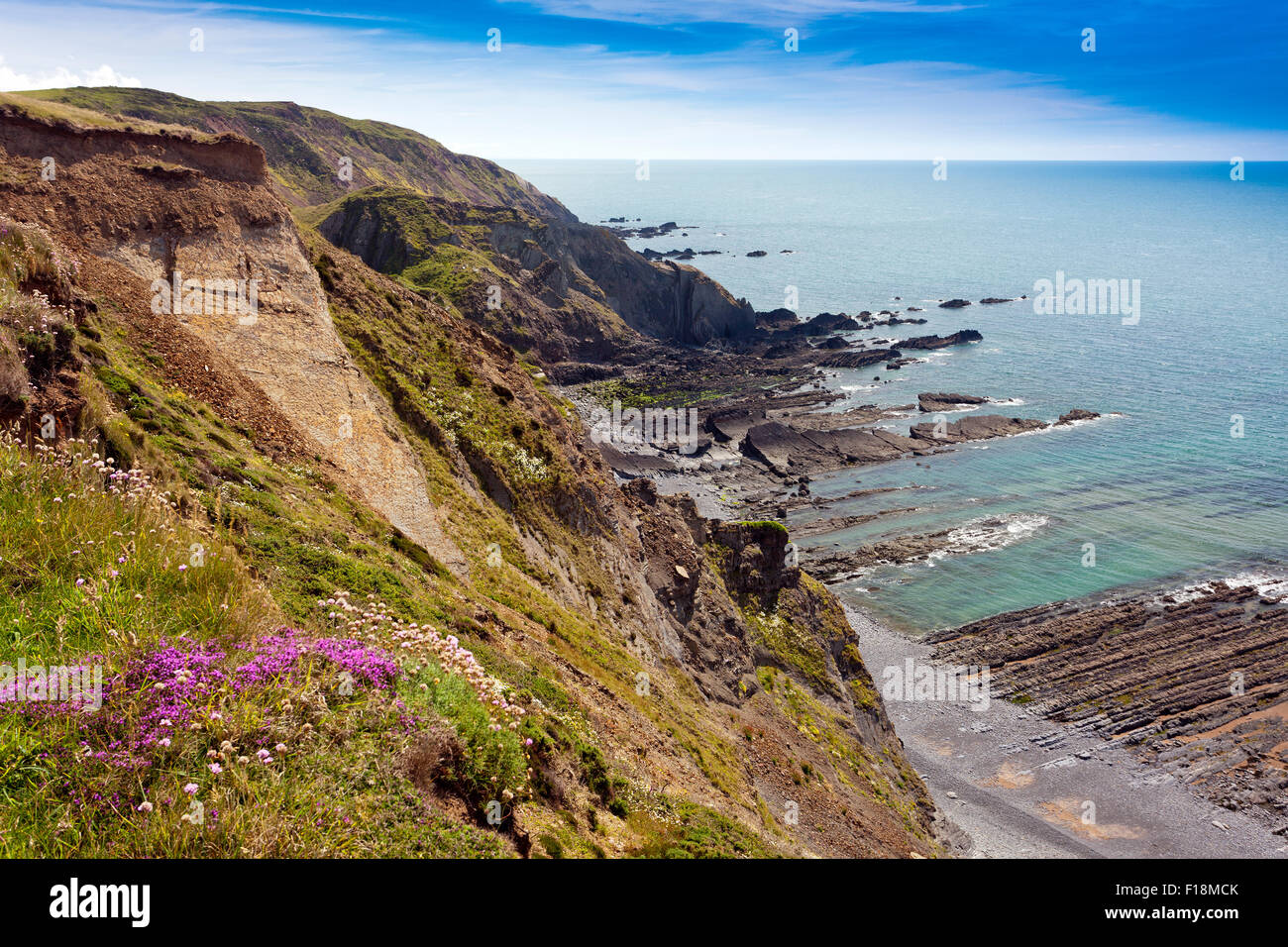 Die Aussicht von der South West Coast Path in der Nähe von Hartland Quay, North Devon, England, UK Stockfoto